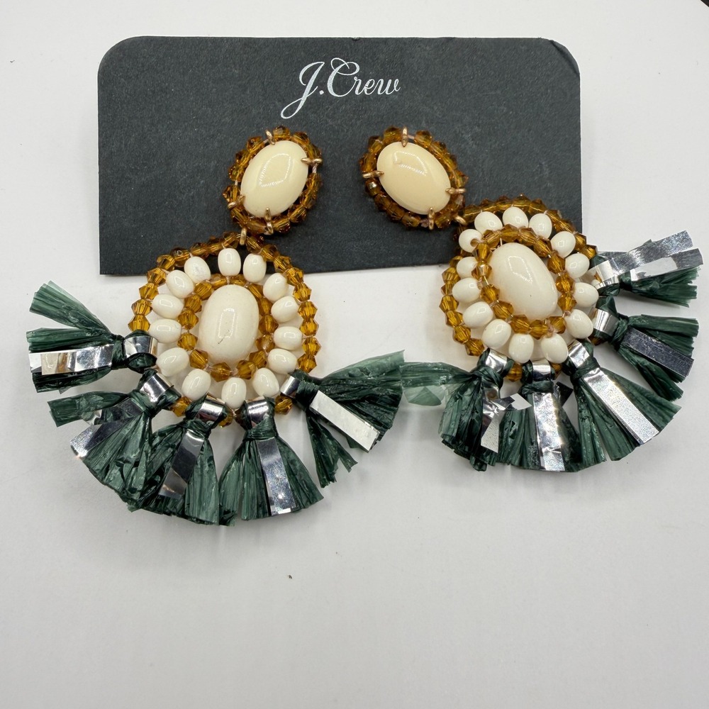 J.Crew Beaded Raffia Tassel Statement Drop Earrings Ivory Amber Tone Green Chic